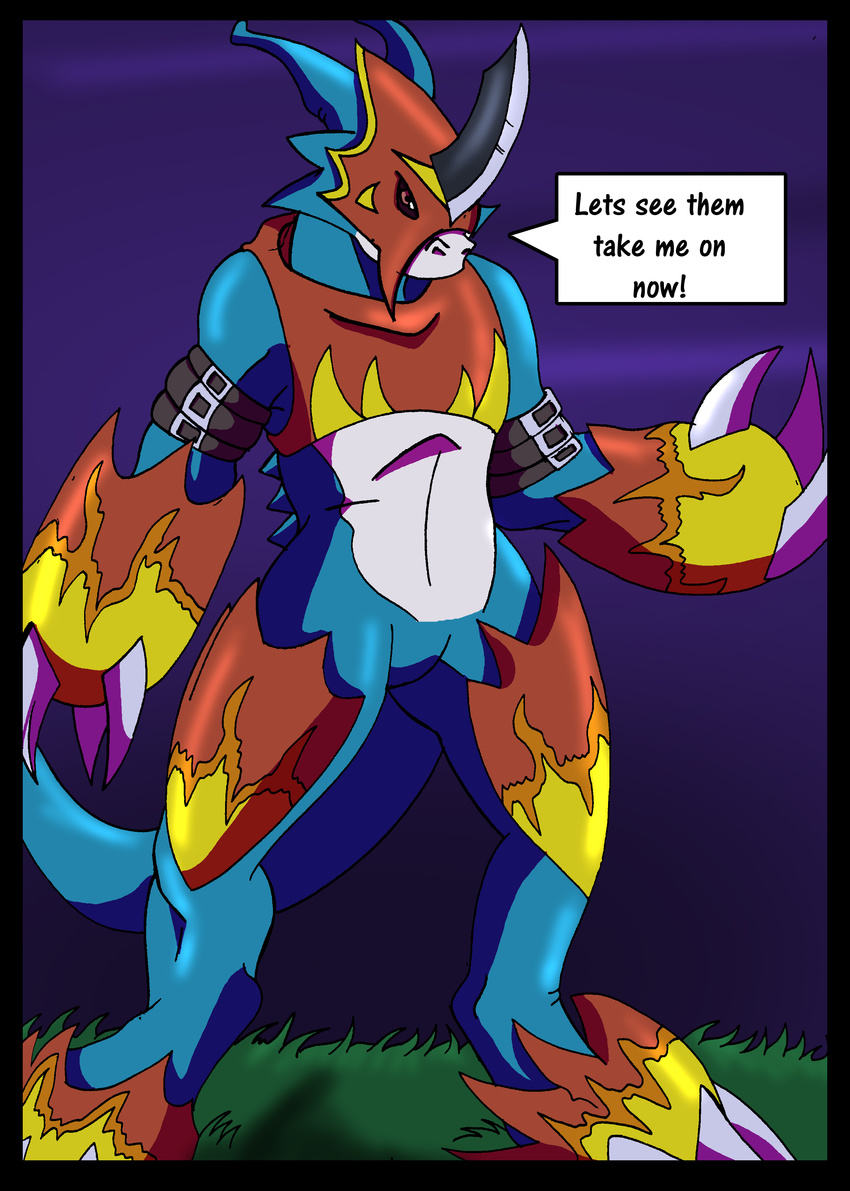 anthro armor claws comic digimon dragon english_text flamedramon male muscular red_eyes rex_equinox scalie text video_games