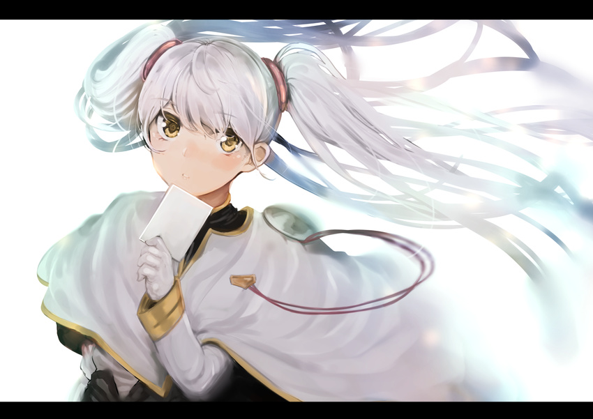 akagi_asahito cape highres hoshino_ruri kidou_senkan_nadesico letter letterboxed parted_lips solo twintails uniform white_hair yellow_eyes