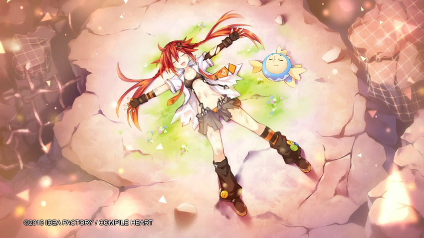 2015 :d :q badge black_gloves blush bra braid breasts button_badge closed_eyes collarbone collared_shirt company_name fingerless_gloves flower from_above gloves grass highres long_hair lying navel necktie neptune_(series) non-web_source official_art on_back on_ground open_mouth orange_hair outstretched_arms panties rubble shin_jigen_game_neptune_vii shirt short_sleeves skirt small_breasts smile spread_arms suspenders tennouboshi_uzume tongue tongue_out torn_clothes torn_shirt torn_skirt tsunako twin_braids twintails umio_(choujigen_game_neptune) underwear watermark