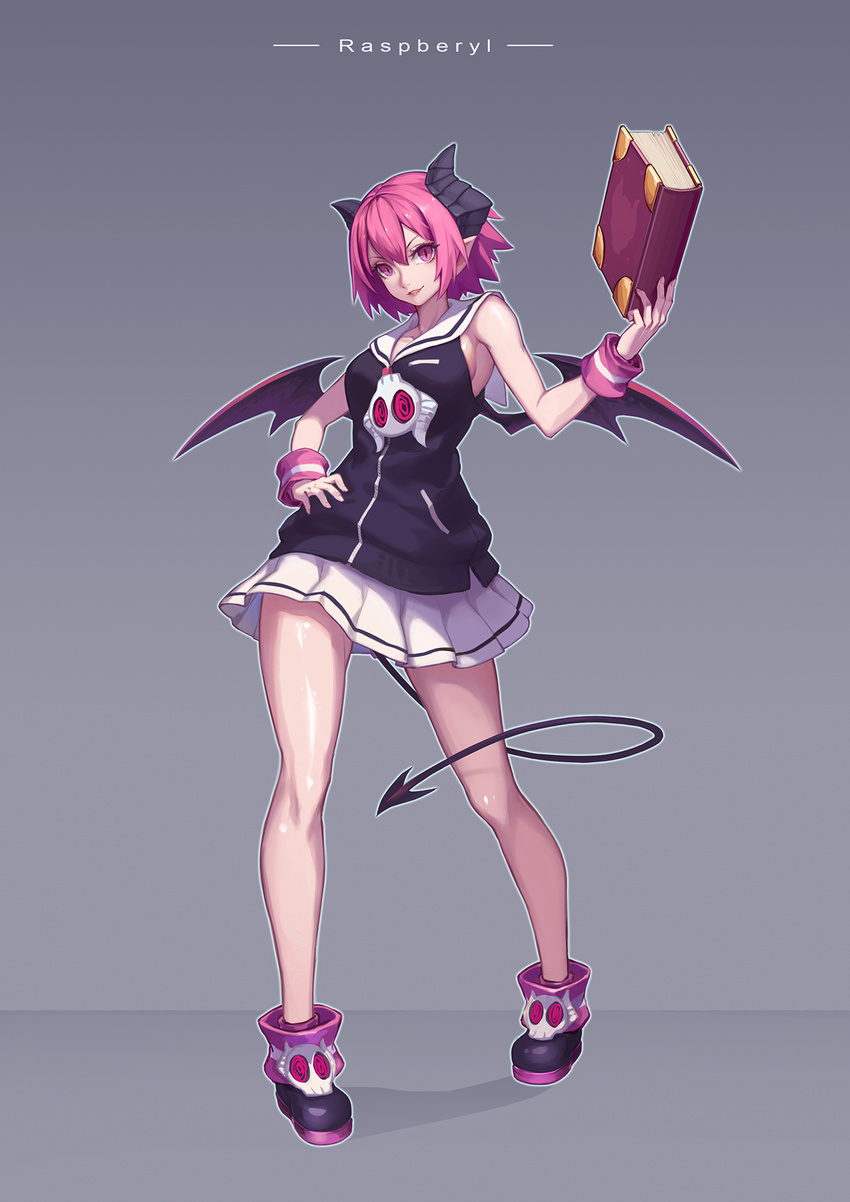 bat_wings book breasts disgaea horns makai_senki_disgaea_3 pink_eyes pink_hair raspberyl shoes skirt skull wings