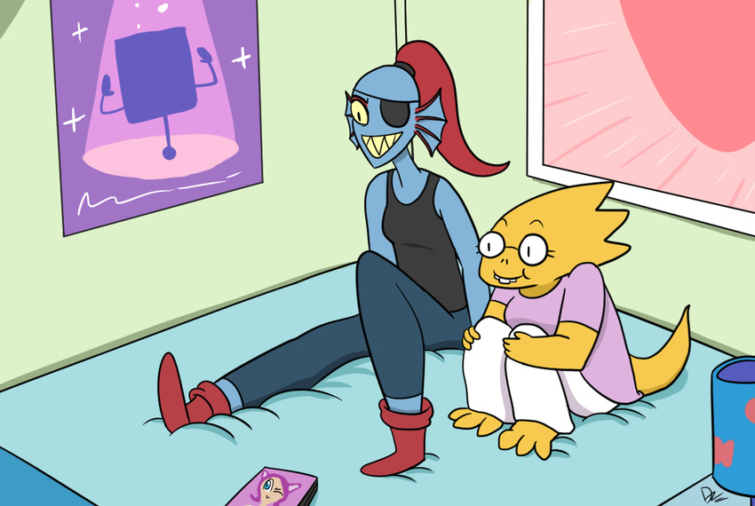 alphys bed blue_skin buckteeth duo eye_patch eyewear fish glasses hair marine monster poster red_hair scales scalie sharp_teeth sitting smile teeth tredlocity undertale undyne yellow_scales