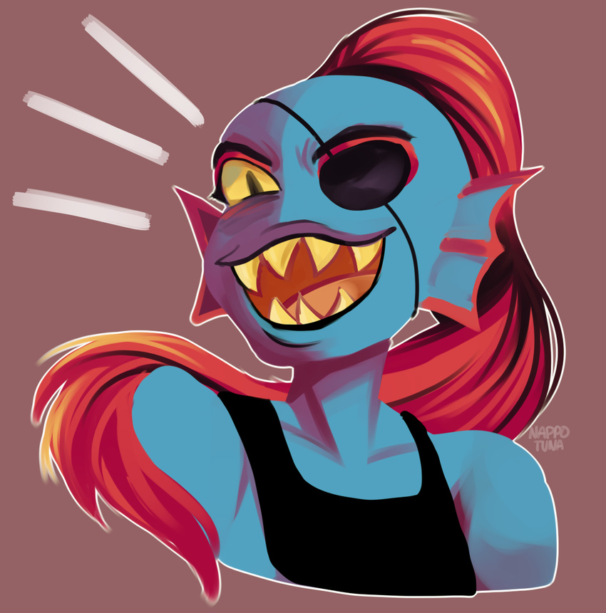 blue_skin bust_portrait eye_patch eyewear female fish hair marine monster nappotuna open_mouth red_hair sharp_teeth smile solo teeth undertale undyne yellow_eyes