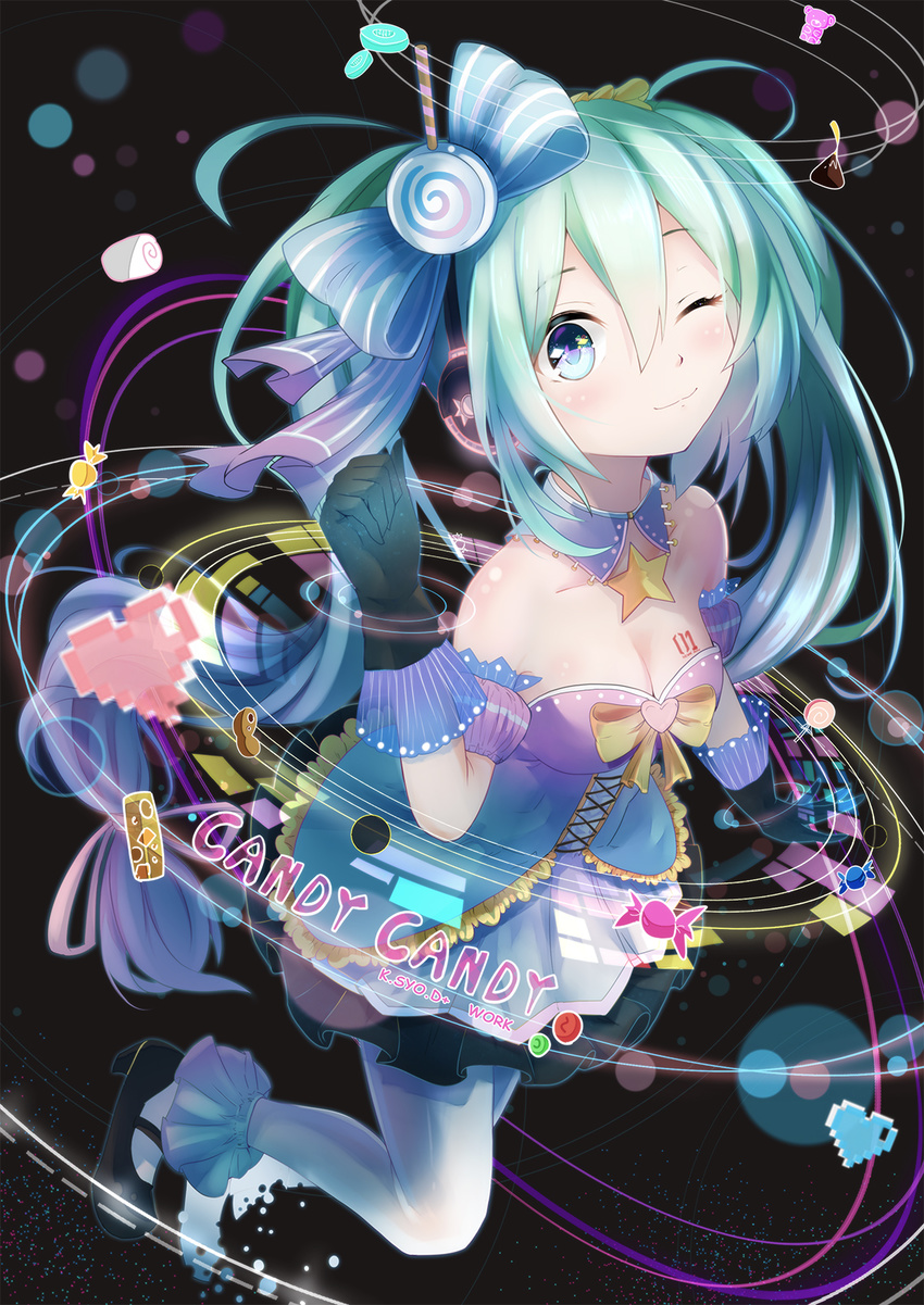 ahoge anklet aqua_hair arm_up bad_id bad_pixiv_id black_background blue_eyes blush bow breast_tattoo breasts candy candy_candy_(song) chocolate circle cleavage collar copyright_name corset detached_sleeves digital_dissolve dress food frills gloves gummy_bear hair_bow hair_ribbon hatsune_miku headphones heart highres jewelry jumping k.syo.e+ layered_dress lollipop long_hair low-tied_long_hair marshmallow mary_janes medium_breasts one_eye_closed outstretched_arm puffy_detached_sleeves puffy_sleeves ribbon shoes signature smile solo star swirl_lollipop tattoo thighhighs twintails very_long_hair vocaloid