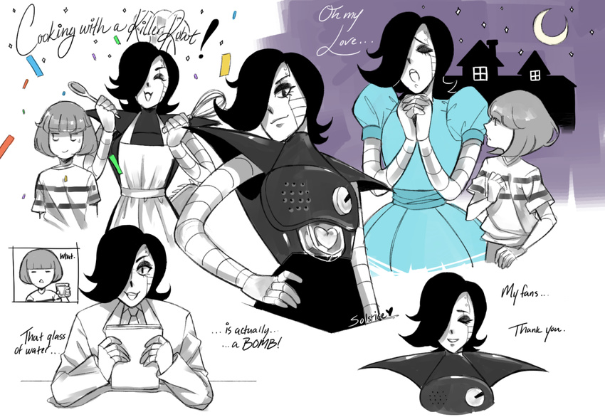 &lt;3 ambiguous_gender apron black_hair clothing confetti dress duo english_text eyes_closed glass hair hair_over_eye hand_on_hip human machine male mammal mettaton moon open_mouth paper protagonist_(undertale) robot smile solstice-rose spoon suit text undertale water whisk young