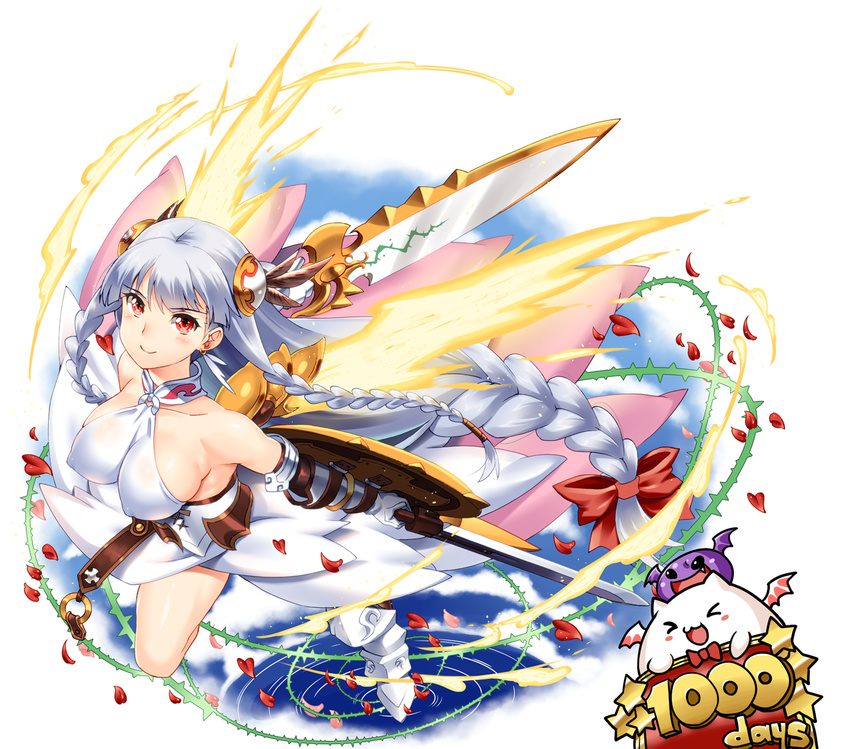 armor bare_shoulders blush braid breasts commentary_request covered_nipples dual_wielding elbow_gloves gloves hair_ornament highres holding jewelry large_breasts light_valkyrie_(p&amp;d) long_hair puzzle_&amp;_dragons red_eyes shinozuka_atsuto silver_hair smile solo sword tri_braids valkyrie valkyrie_(p&amp;d) weapon wings