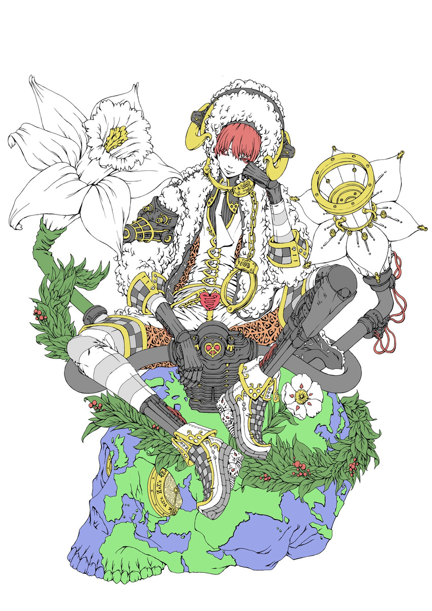 ;) charlie_(charlie-1012-a) cuffs daffodil engine flat_color flower fukase handcuffs head_wreath highres hood hoodie horns indian_style lily_(flower) male_focus one_eye_closed original red_eyes red_hair sheep_horns sitting skull smile solo vocaloid