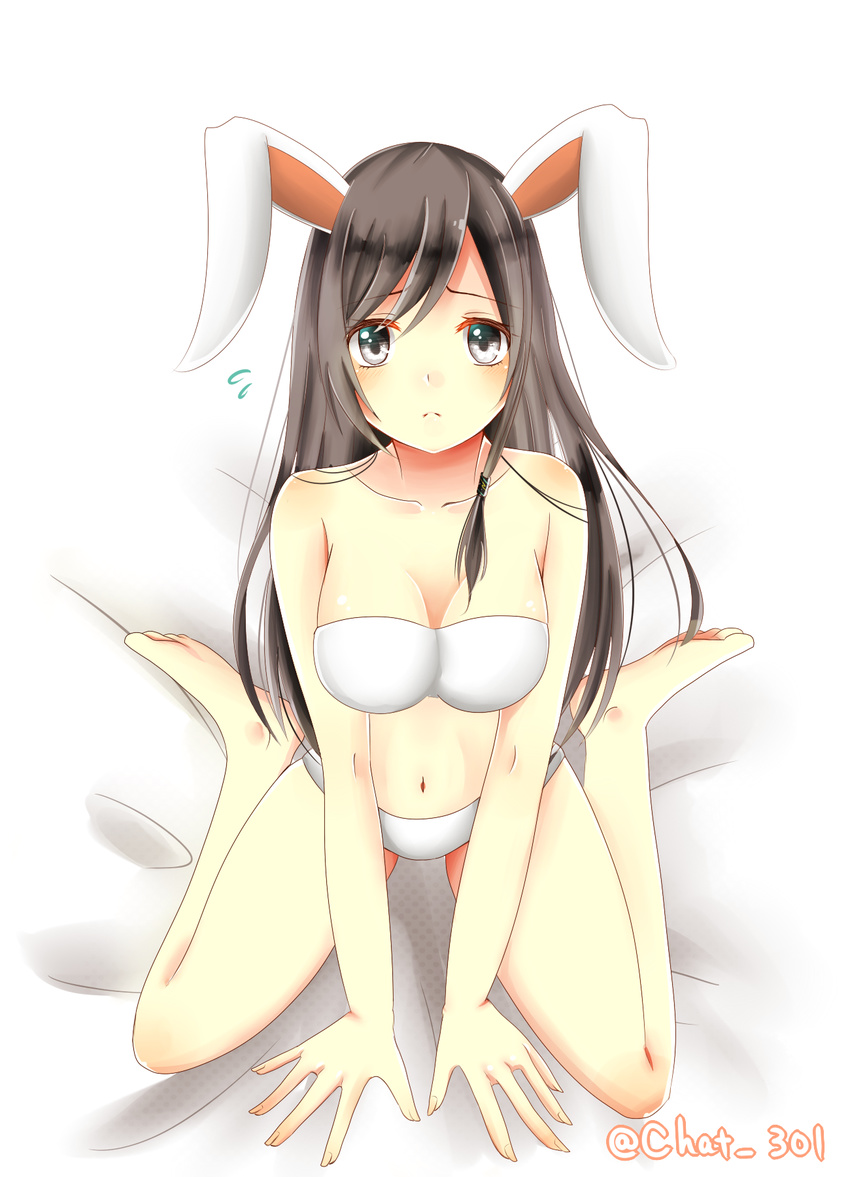 animal_ears black_hair bra breasts bunny_ears dead_or_alive error highres kokoro_(doa) long_hair medium_breasts mirein_(chat) panties silver_eyes sitting smile solo underwear underwear_only wariza white_bra white_panties wrong_feet