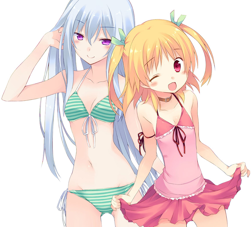 bikini blonde_hair casual_one-piece_swimsuit harusaki_chiwa long_hair multiple_girls natsukawa_masuzu one-piece_swimsuit one_eye_closed open_mouth ore_no_kanojo_to_osananajimi_ga_shuraba_sugiru purple_eyes red_eyes silver_hair smile striped striped_bikini striped_swimsuit swimsuit transparent_background