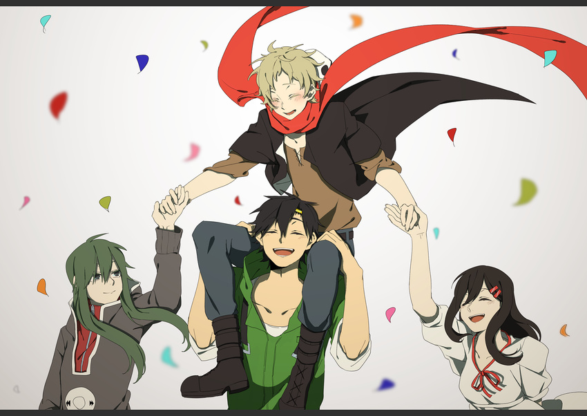 2girls black_hair brown_hair carrying closed_eyes confetti green_hair hair_ornament hairclip highres holding_hands kagerou_project kano_shuuya kido_tsubomi long_hair multiple_boys multiple_girls nekome3 red_scarf scarf seto_kousuke short_hair shoulder_carry smile tateyama_ayano