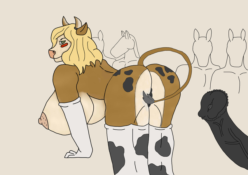 (artwork) animal_genitalia blonde_hair blush bovine breasts cattle clothing digital_media_(artwork) erection hair horsecock invalid_background invalid_color invalid_tag legwear mammal media nipples penis stockings vein