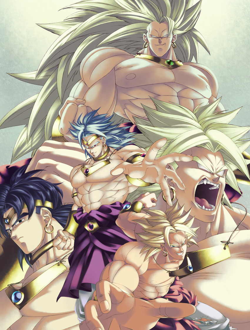 1boy black_hair blank_eyes blonde_hair broly dragon_ball dragonball_z dual_persona energy epic fangs gauntlets hoshikawa_akira legendary_super_saiyan male_focus muscle smile super_saiyan super_saiyan_3