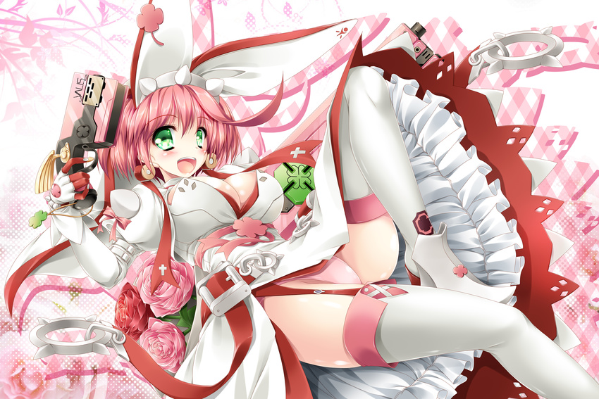 :d absurdres blush breasts cleavage cleavage_cutout clover dress dual_wielding earrings elphelt_valentine flower four-leaf_clover gloves green_eyes guilty_gear guilty_gear_xrd gun handgun hat highres holding jewelry kamiya_tomoe large_breasts long_sleeves looking_at_viewer open_mouth panties pantyshot pink_hair pink_panties pistol rose short_hair smile solo spikes thighhighs underwear weapon white_legwear