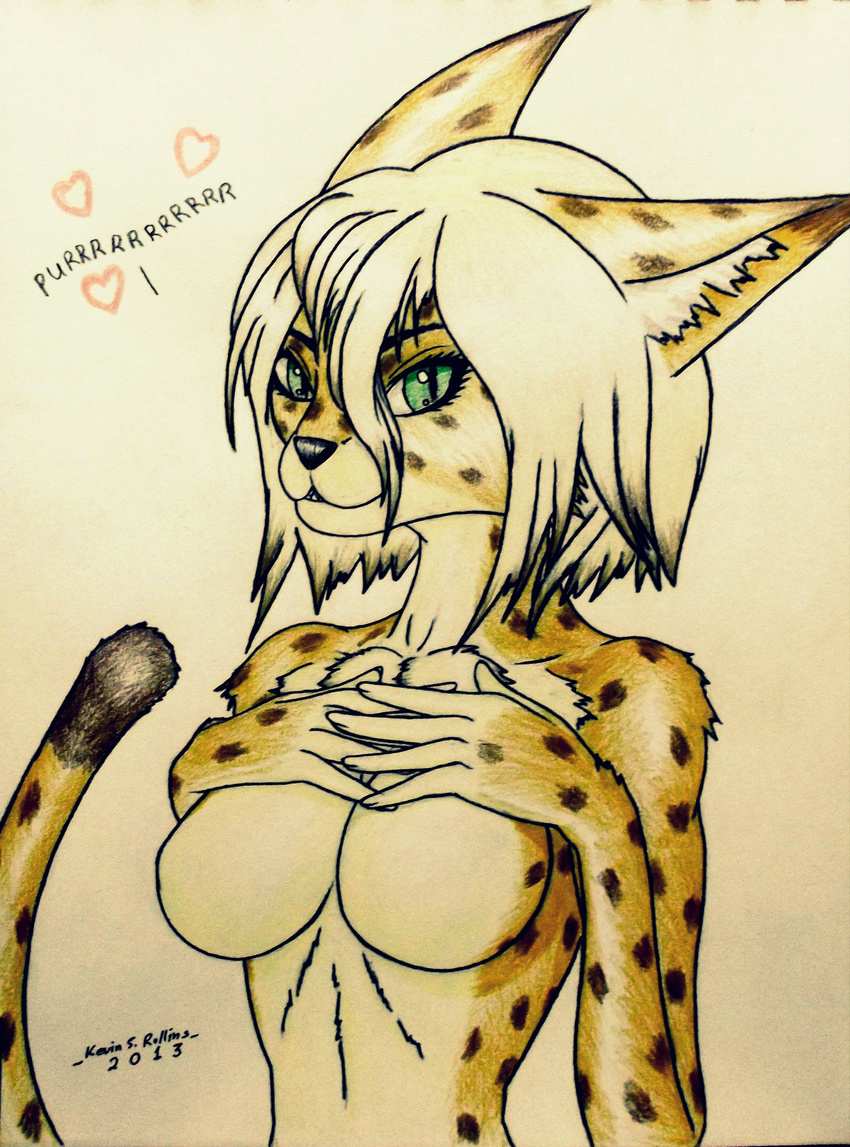 &lt;3 animal_humanoid anthro blonde_hair breasts cat cat_humanoid cleavage clothed clothing feline fur green_eyes hair holly humanoid invalid_tag kevin_s_rollins leopard mammal nude portrait purring short_hair smile snout spots tuft