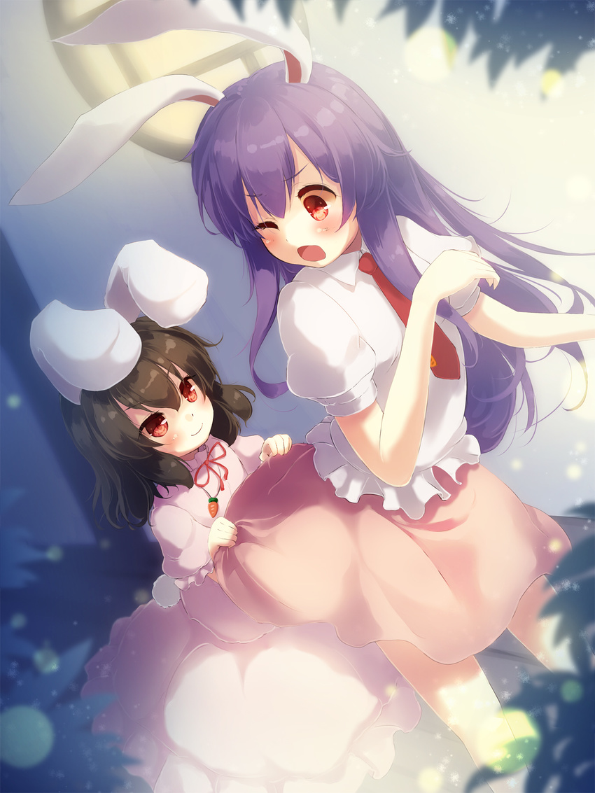 animal_ears bent_over blush brown_hair bunny_ears bunny_tail carrot dress gengetsu_chihiro highres inaba_tewi jewelry long_hair multiple_girls necklace necktie one_eye_closed open_mouth pendant pink_dress puffy_short_sleeves puffy_sleeves purple_hair red_eyes reisen_udongein_inaba shirt short_hair short_sleeves skirt skirt_lift smile tail touhou very_long_hair