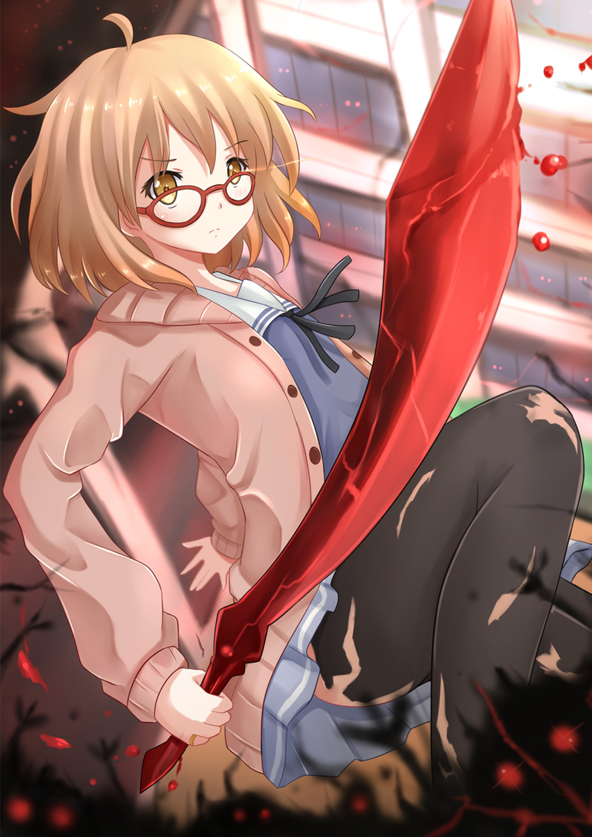 &gt;:( ahoge arm_behind_back bangs blonde_hair blood blood_sword blouse blue_blouse blue_skirt brown_eyes building cardigan from_below frown glasses hemokinesis highres holding holding_sword holding_weapon kazenokaze kuriyama_mirai kyoukai_no_kanata light_frown long_sleeves looking_at_viewer miniskirt open_cardigan open_clothes outdoors pantyhose pleated_skirt red-framed_eyewear school school_uniform short_hair skirt solo squatting sword torn_clothes torn_legwear v-shaped_eyebrows weapon yellow_eyes