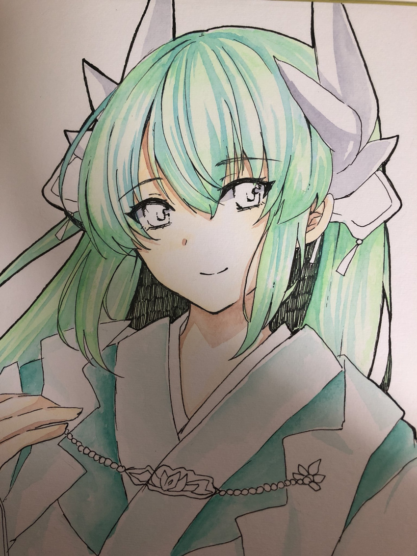 1girl closed_mouth commentary_request eyebrows_visible_through_hair fate/grand_order fate_(series) green_hair grey_eyes hair_between_eyes highres horn_ornament horns japanese_clothes kimono kiyohime_(fate/grand_order) long_hair looking_at_viewer photo smile solo tanaji traditional_media upper_body