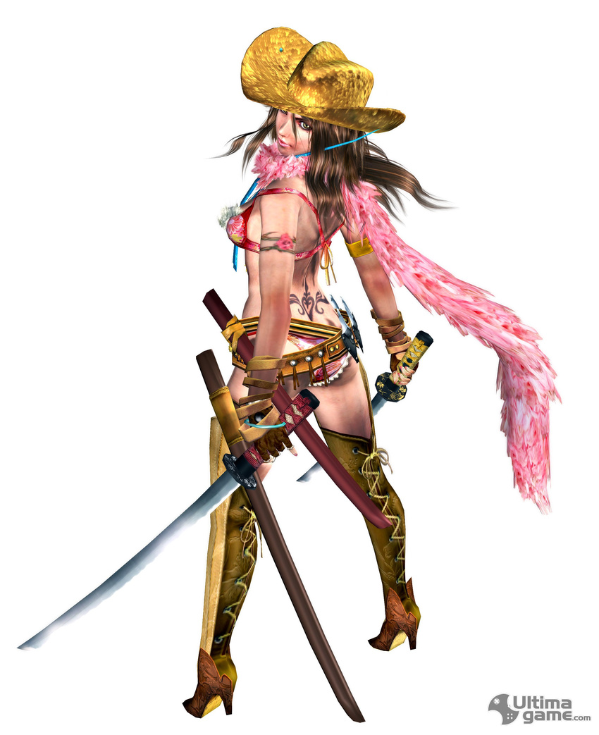 ass aya_(oneechanbara) bikini breasts hat katana large_breasts official_art oneechanbara swimsuit sword tramp_stamp