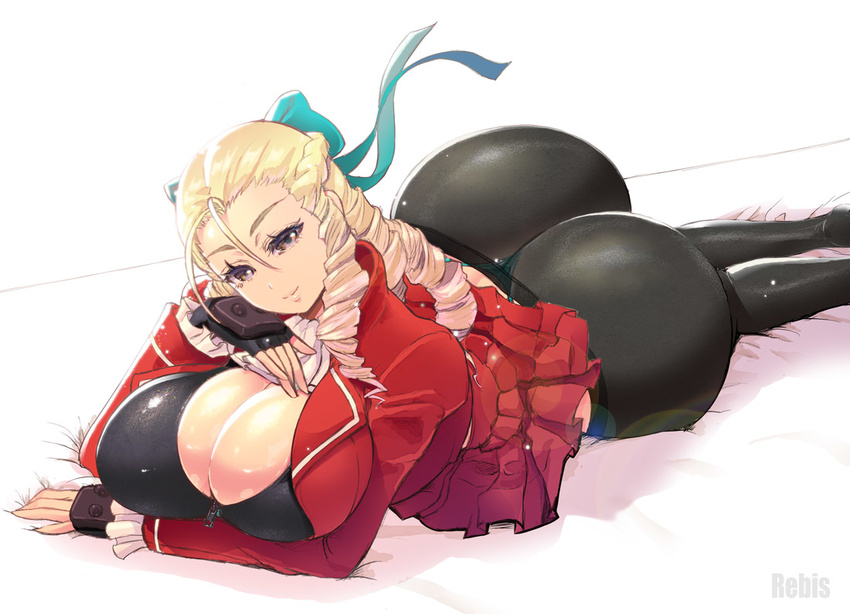 artist_name ass black_legwear blonde_hair bow breasts brown_eyes cleavage curvy drill_hair fingerless_gloves forehead gloves hair_bow hair_pulled_back huge_ass huge_breasts kanzuki_karin long_hair looking_at_viewer lying on_stomach pantyhose rebis ringlets smile solo street_fighter street_fighter_v thong zipper