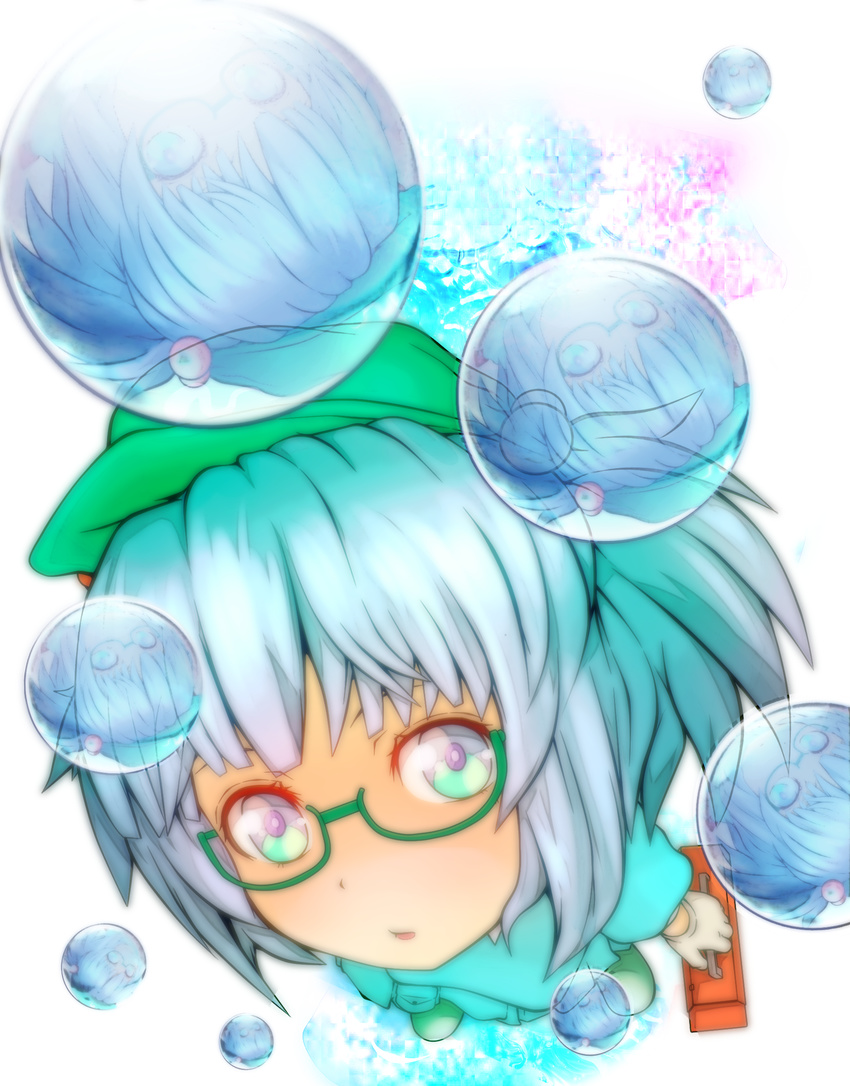 :o aqua_hair backpack bag bespectacled blue_eyes blue_hair boots bubble engineer from_above full_body glasses green-framed_eyewear green_footwear hair_bobbles hair_ornament hat highres kawashiro_nitori looking_at_viewer machi_no_dakashiya open_mouth puffy_short_sleeves puffy_sleeves reflection semi-rimless_eyewear short_sleeves simple_background smile solo toolbox touhou two_side_up under-rim_eyewear water_drop