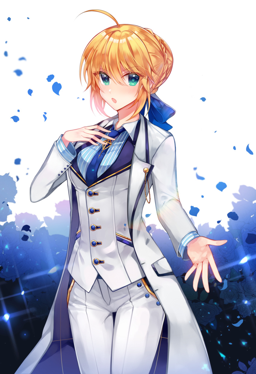 1girl ahoge artoria_pendragon_(all) bangs blonde_hair blue_bow blue_cape blue_flower blue_neckwear blue_rose blue_shirt blush bow braid breasts cape collared_shirt eyebrows_visible_through_hair fate/grand_order fate_(series) flower formal green_eyes hair_between_eyes hair_bow hair_bun hand_up highres jacket long_sleeves looking_at_viewer multicolored multicolored_cape multicolored_clothes necktie pant_suit pants parted_lips petals rijjin rose saber shirt sidelocks small_breasts solo striped striped_shirt suit thigh_gap v-shaped_eyebrows vertical-striped_shirt vertical_stripes white_background white_cape white_jacket white_pants