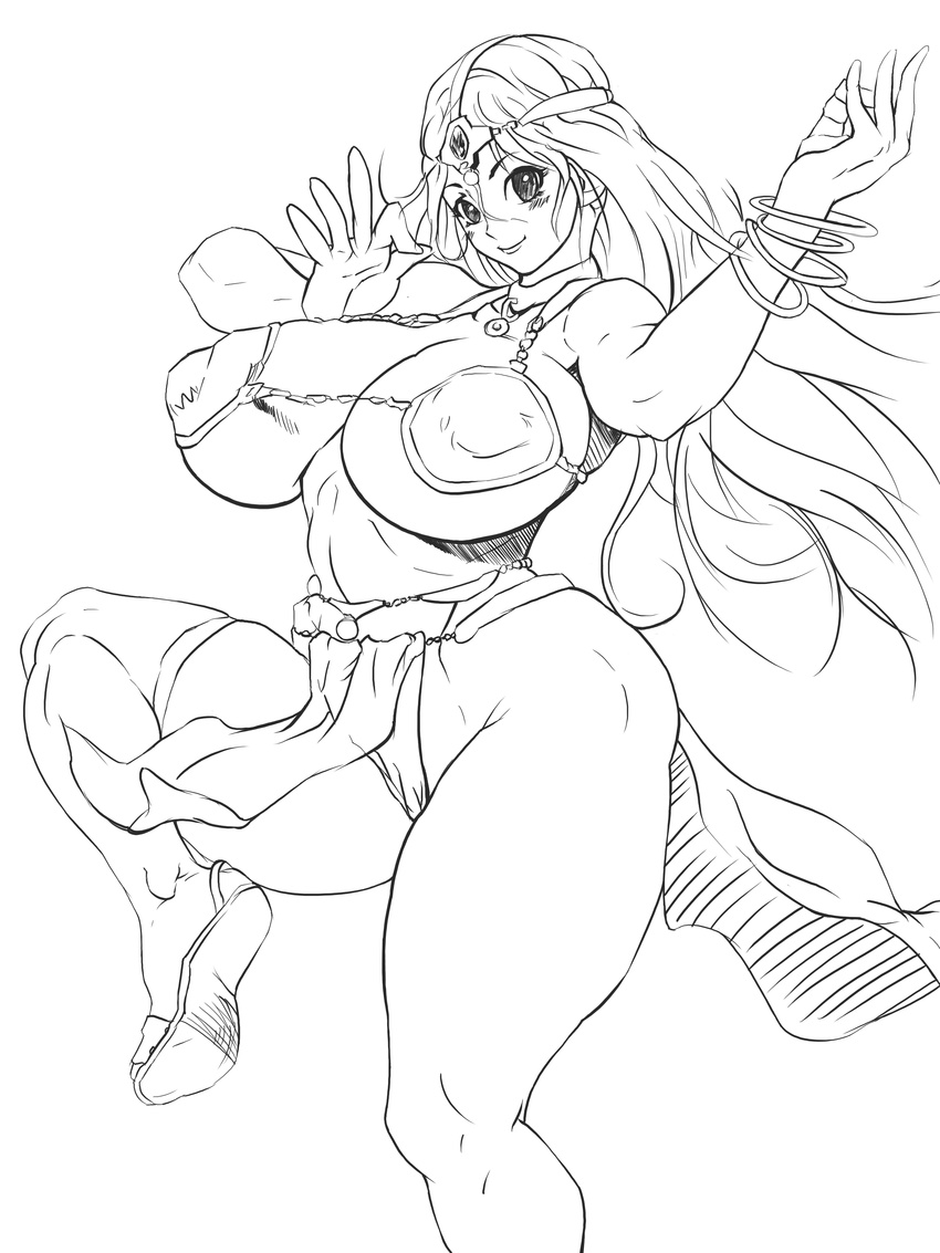 1girl blush bonten breasts curvy dragon_quest edited highres huge_breasts lineart looking_at_viewer manya monochrome sai sandals thick_thighs