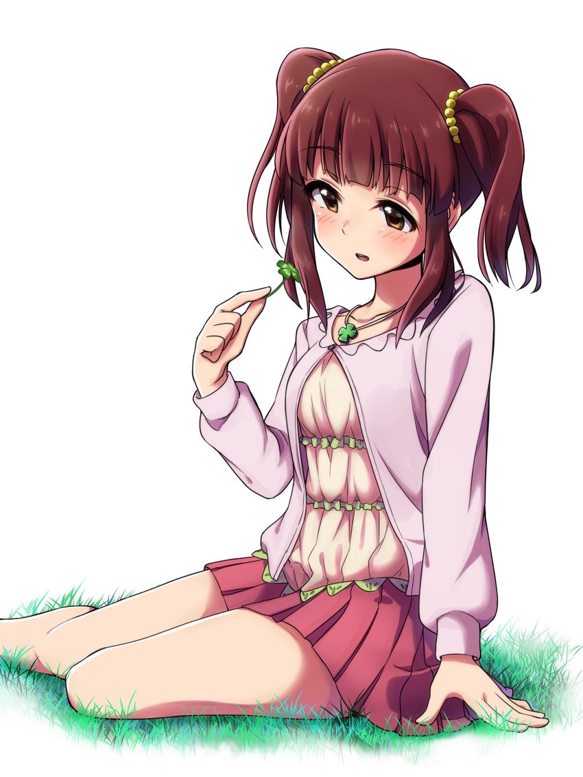 absurdres arm_support blush brown_eyes brown_hair clover four-leaf_clover grass highres idolmaster idolmaster_cinderella_girls ogata_chieri rariemonn sitting smile solo twintails