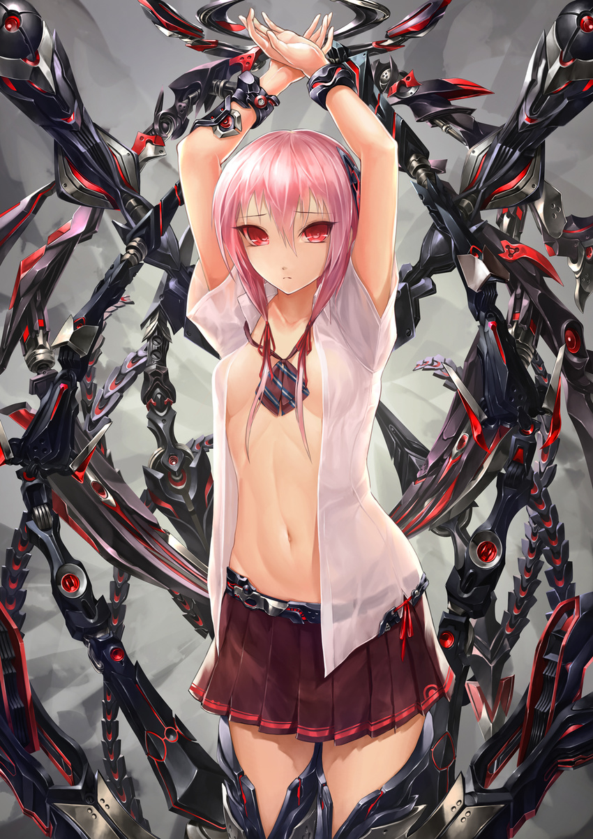 arms_up bad_id bad_pixiv_id cowboy_shot highres navel no_bra open_clothes open_shirt original pink_hair pleated_skirt red_eyes school_uniform science_fiction shirt short_hair short_sleeves skirt solo solru thighhighs