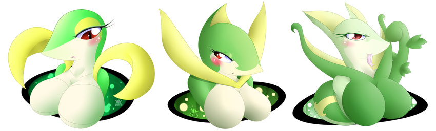 2015 alpha_channel anthro big_breasts blush breasts clothed clothing featureless_breasts female green_scales green_skin group latiar nintendo pok&eacute;mon pok&eacute;morph red_eyes reptile scales scalie serperior servine slit_pupils snake snivy video_games white_scales white_skin yellow_scales yellow_skin