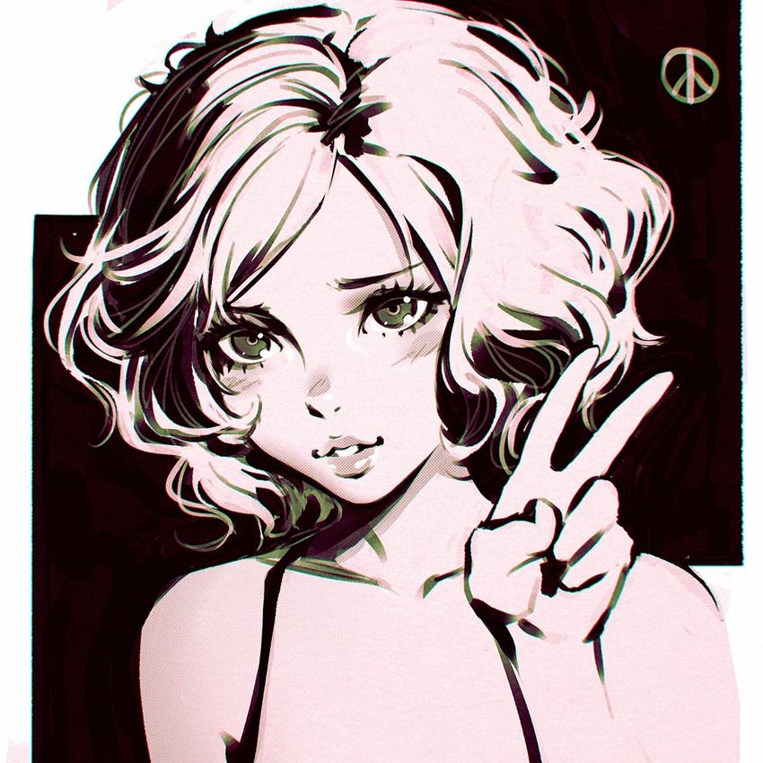 blush face greyscale ilya_kuvshinov lips looking_at_viewer metal_gear_(series) metal_gear_solid monochrome object_namesake parted_lips paz_ortega_andrade peace_symbol short_hair solo upper_body v