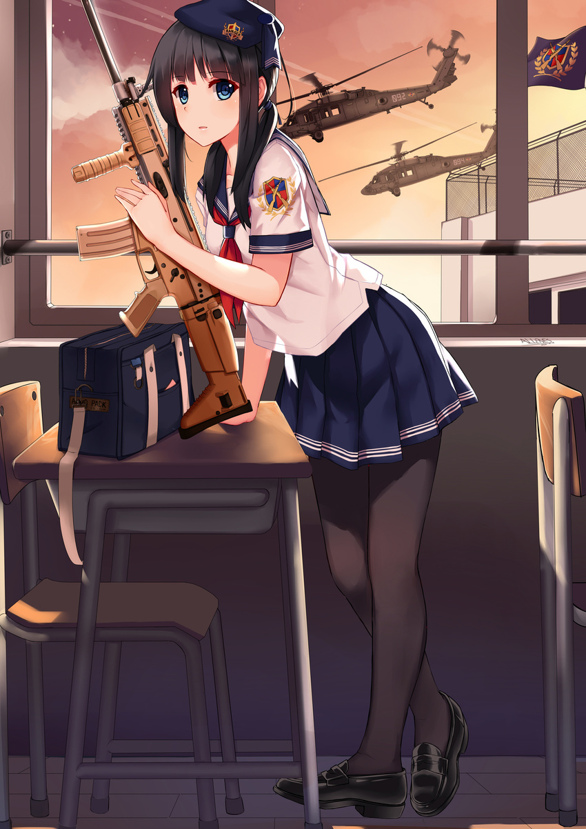 absurdres aircraft allenes assault_rifle bag black_hair desk flag fn_scar fn_scar_16 foregrip gun helicopter highres original pantyhose rifle school_bag school_desk school_uniform serafuku solo stanag_magazine uh-60_blackhawk weapon