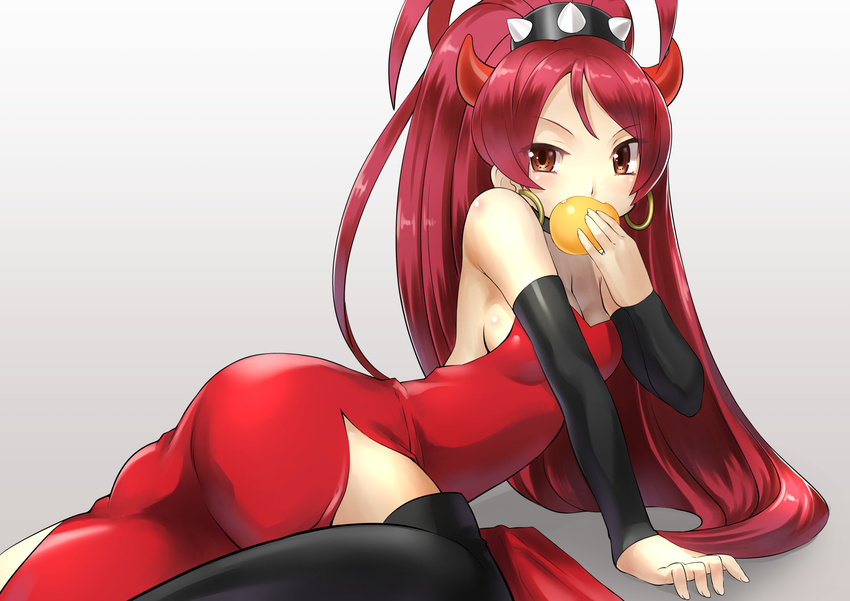 arm_support black_legwear bow dress food halloween highres long_hair mahou_shoujo_madoka_magica mouth_hold ponytail red_eyes red_hair rin2008 sakura_kyouko solo spikes thighhighs