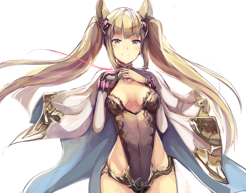 animal_ears blonde_hair breasts brown_eyes cape covered_navel cowboy_shot erune granblue_fantasy haik hair_ornament highres leotard long_hair long_sleeves looking_at_viewer metera_(granblue_fantasy) mole mole_under_mouth simple_background small_breasts smile solo twintails very_long_hair white_background