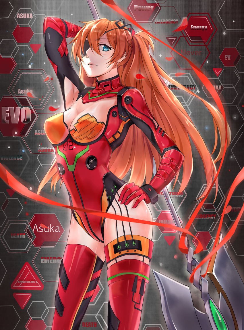 absurdres adapted_costume arm_behind_head arm_up armpits bad_id bad_pixiv_id bangs black_background blue_eyes bracer breasts cable character_name cleavage cleavage_cutout closed_mouth cowboy_shot english evangelion:_3.0_you_can_(not)_redo eyepatch from_side gem gloves hair_between_eyes hairpods hand_on_hip headgear hexagon highres hips honeycomb_(pattern) honeycomb_background legs_apart leotard light_smile long_hair looking_at_viewer medium_breasts neon_genesis_evangelion number orange_hair outline parted_bangs pilot_suit plugsuit polearm pose rebuild_of_evangelion red_legwear red_leotard red_ribbon ribbon shikinami_asuka_langley smile solo souryuu_asuka_langley spear spear_of_cassius standing tape thighhighs thighs triangle turtleneck two_side_up very_long_hair weapon zjsstc