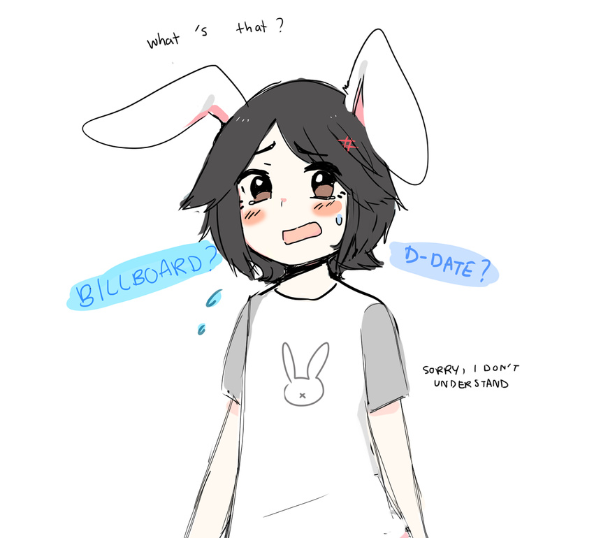 1boy 4chan animal_ears black_hair blush brown_eyes bunny_boy bunny_ears drawfag english flying_sweatdrops hair_ornament hairpin hiroyuki_nishimura nishimura_hiroyuki_(4chan) open_mouth shirt short_hair simple_background solo sweatdrop tears white_background