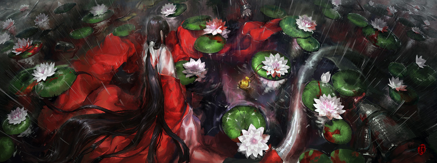 armor bad_id bad_pixiv_id black_hair blood from_above highres kzcjimmy lamia lily_pad long_hair monster_girl original rain very_long_hair water
