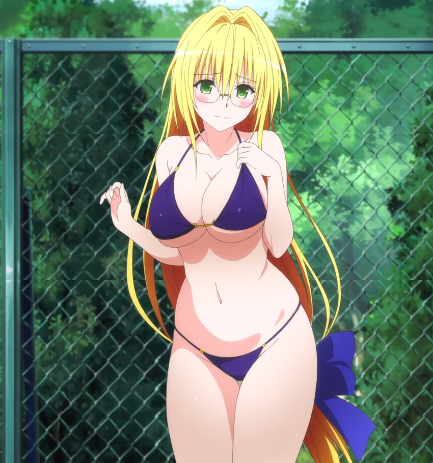 bikini blonde_hair blush breasts chain-link_fence cleavage embarrassed fence glasses green_eyes highres large_breasts long_hair low-tied_long_hair navel reference_work screencap solo string_bikini swimsuit tearju_lunatique thigh_gap to_love-ru to_love-ru_darkness very_long_hair