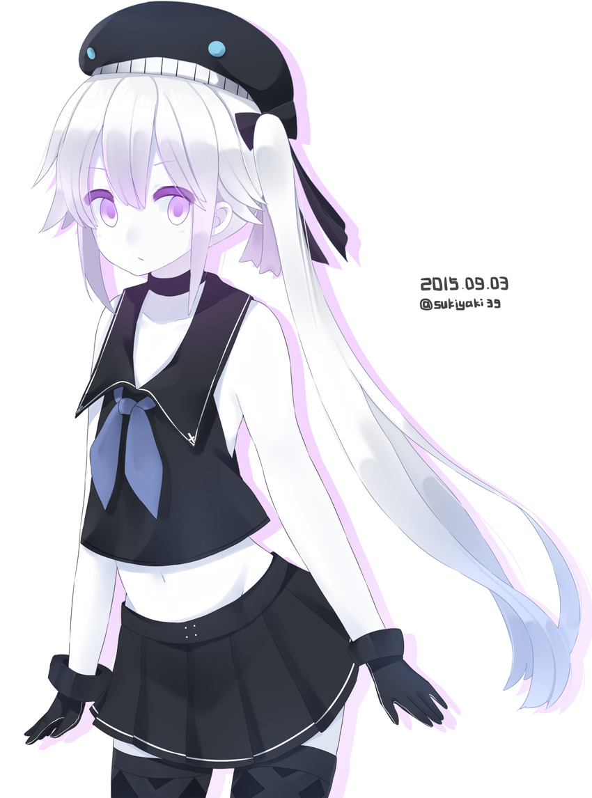 2015 bare_shoulders black_gloves black_ribbon black_serafuku black_skirt choker destroyer_hime gloves glowing glowing_eyes hair_ribbon hat headgear highres kantai_collection long_hair looking_at_viewer midriff navel pale_skin purple_eyes ribbon school_uniform serafuku shinkaisei-kan side_ponytail simple_background skirt sleeveless solo thighhighs twitter_username white_background white_hair white_skin yukichi_(sukiyaki39)