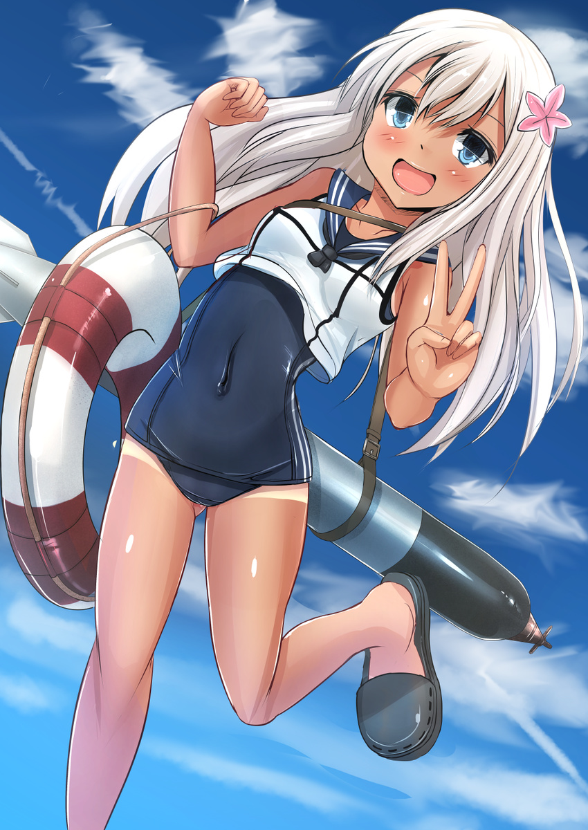 blonde_hair blue_eyes crop_top flower hair_flower hair_ornament highres kantai_collection lifebuoy long_hair one-piece_swimsuit one-piece_tan ro-500_(kantai_collection) sailor_collar school_swimsuit solo sukesan swimsuit swimsuit_under_clothes tan tanline torpedo v