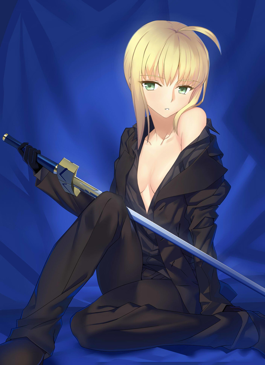 ahoge artoria_pendragon_(all) bad_id bad_pixiv_id black_gloves blonde_hair blush breasts business_suit cleavage excalibur fate/zero fate_(series) formal gloves green_eyes highres long_hair looking_at_viewer off_shoulder open_clothes saber sitting small_breasts solo suit sword weapon yangsion