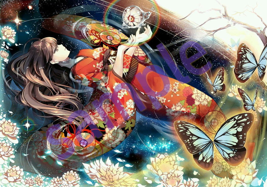 afloat bare_tree black_hair bug butterfly flower highres insect japanese_clothes kimono kouyafu long_hair lotus lying on_back original rainbow ripples sample solo tree watermark