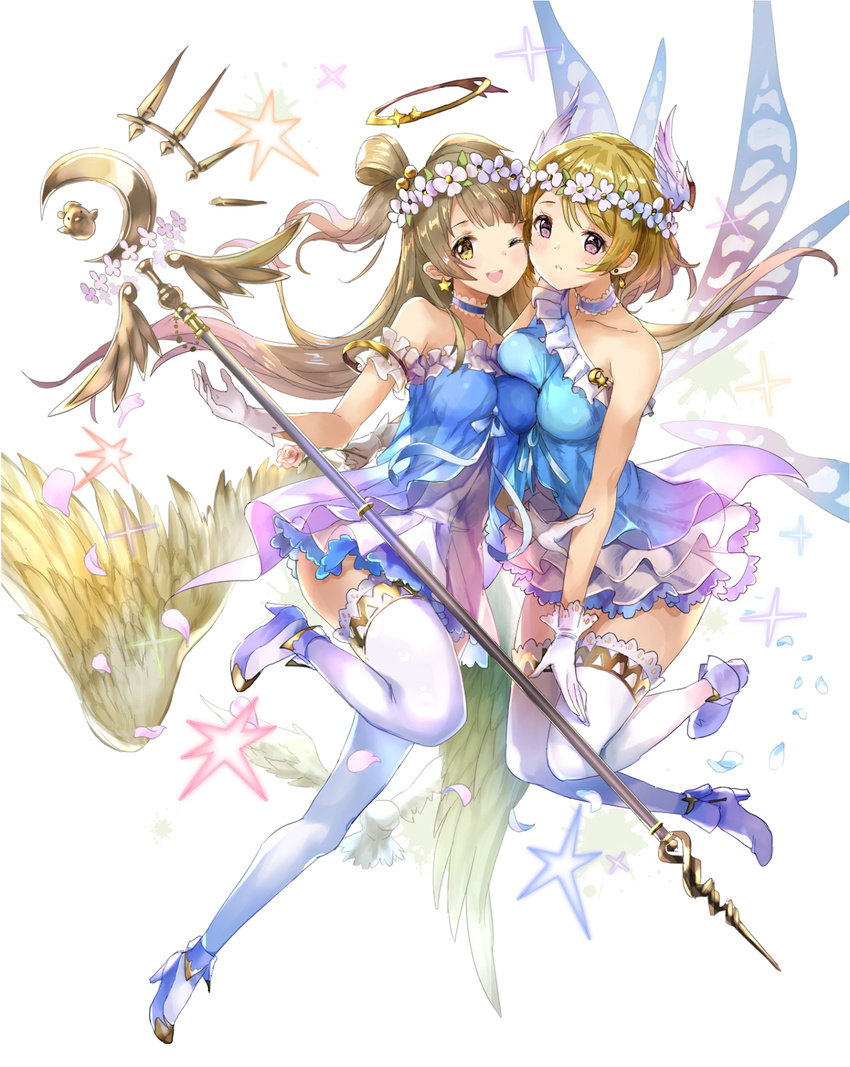 77gl ;d asymmetrical_docking bare_shoulders blonde_hair blush breast_press breasts brown_eyes brown_hair cheek-to-cheek choker dress earrings fairy_wings feathered_wings gloves head_wreath high_heels highres jewelry koizumi_hanayo large_breasts leg_up long_hair looking_at_viewer love_live! love_live!_school_idol_project minami_kotori multiple_girls one_eye_closed one_side_up open_mouth parted_lips purple_eyes simple_background sleeveless sleeveless_dress smile sparkle staff star star_earrings thighhighs white_background white_gloves white_legwear white_wings wings yume_no_tobira zettai_ryouiki