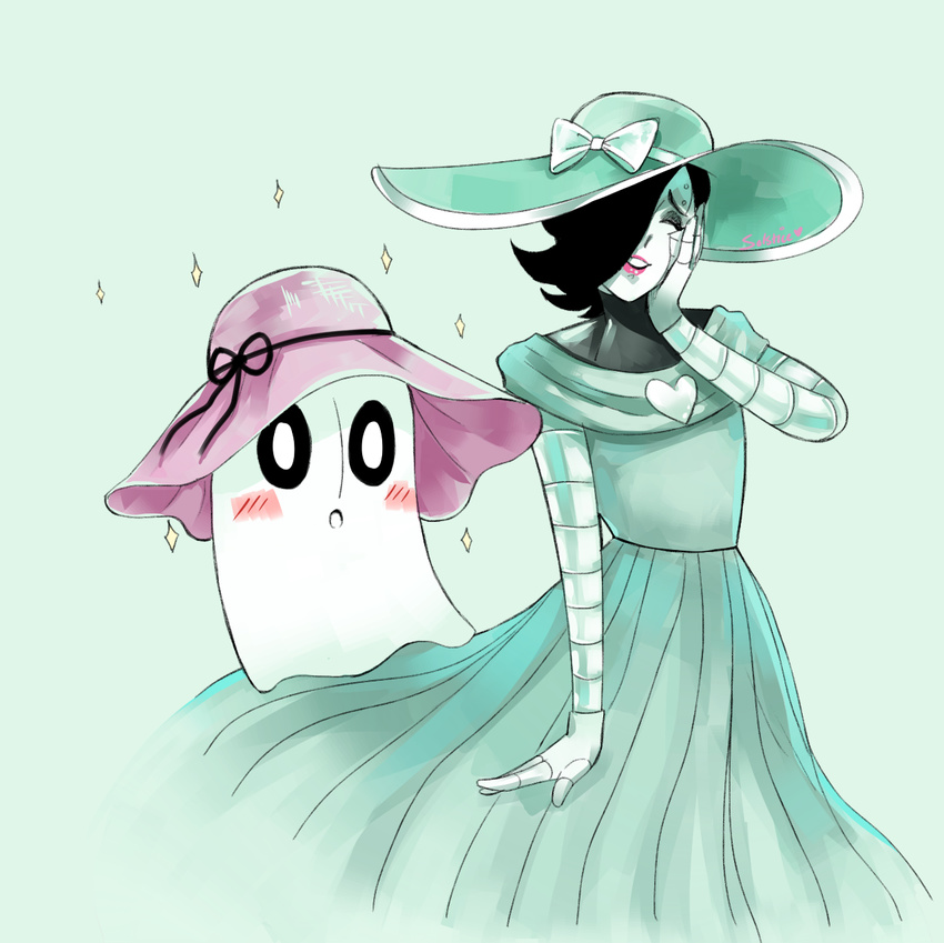 &lt;3 black_hair blush crossdressing duo eyelashes eyes_closed ghost girly hair hair_over_eye hat lipstick machine male mettaton napstablook open_mouth robot smile solstice-rose sparkles spirit undertale