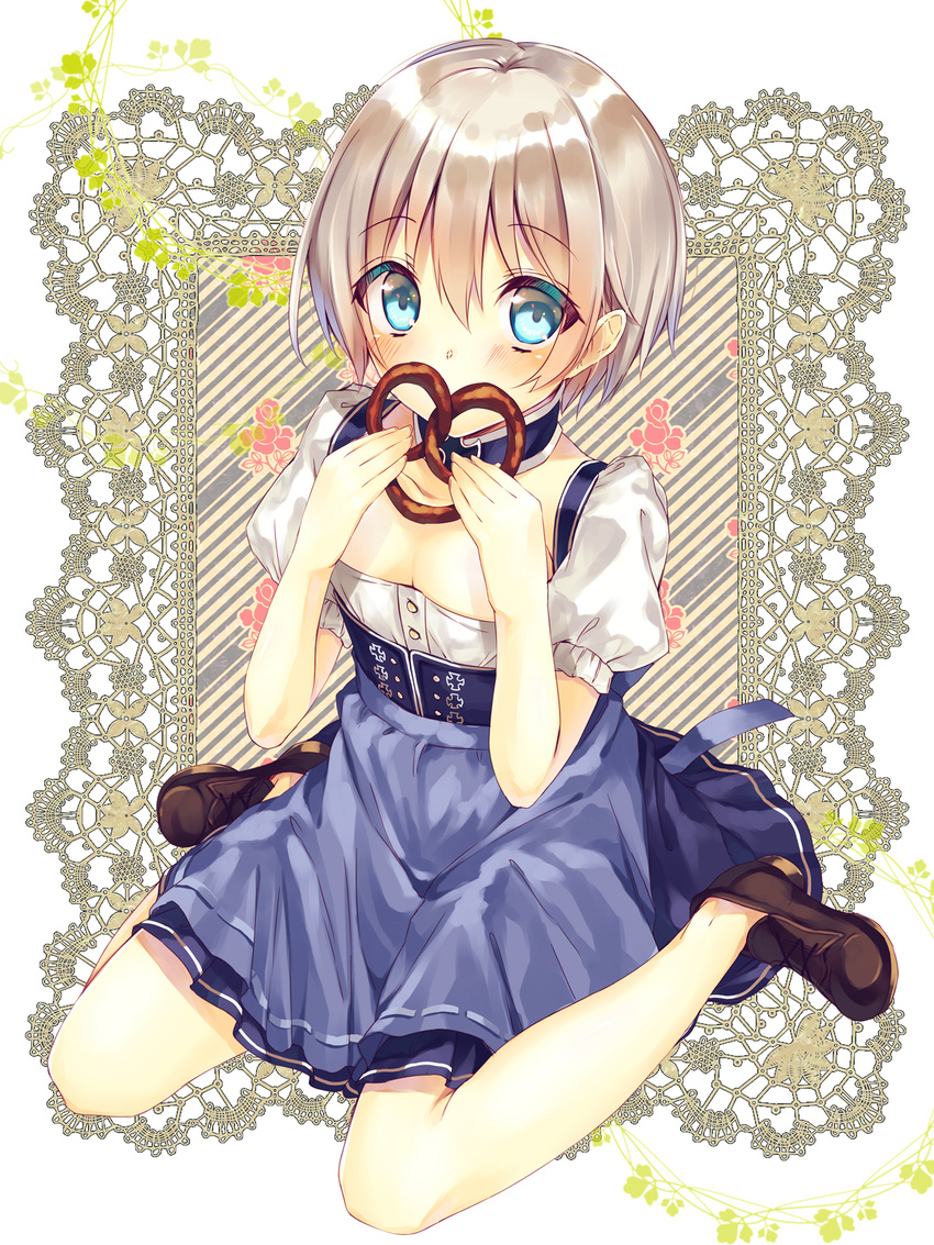 alternate_costume apron bad_id bad_pixiv_id blue_apron blue_eyes dirndl dress food german_clothes highres kantai_collection pretzel saijou_haruki short_hair silver_hair solo waist_apron z1_leberecht_maass_(kantai_collection)