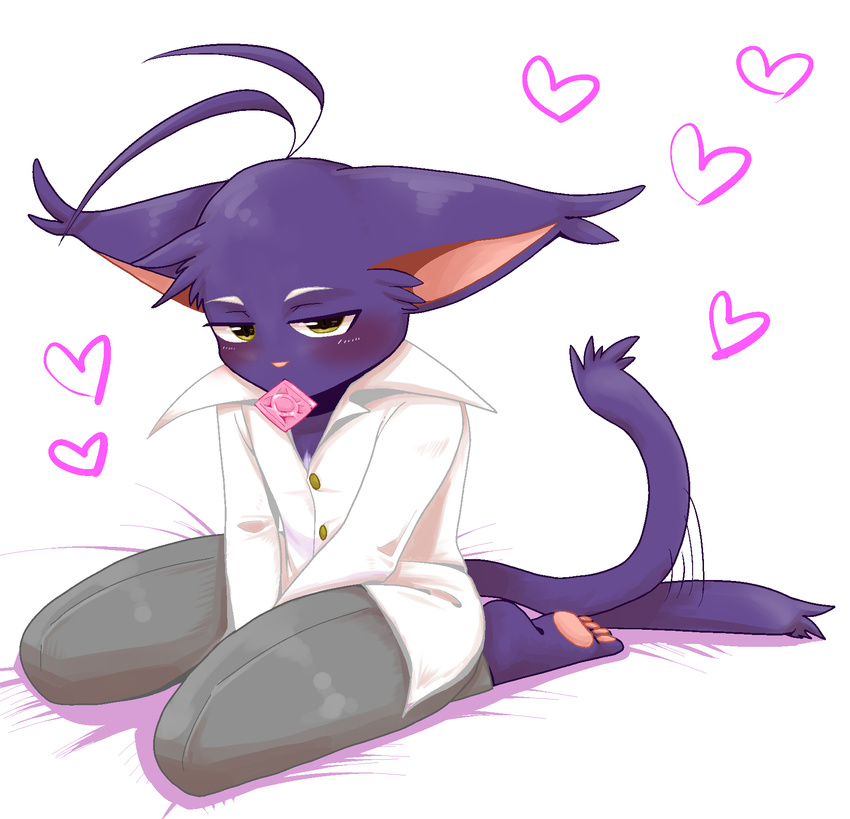 &lt;3 anthro blush cat clothing condom feline fur kiriya kneeling looking_at_viewer mammal morenatsu purple_fur shin_(morenatsu) simple_background solo tailwag