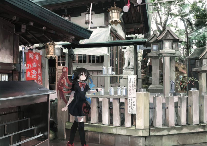 asymmetrical_wings black_dress black_hair black_legwear bow dress flag houjuu_nue ichiba_youichi lantern real_world_location red_eyes solo temple thighhighs touhou walking wings zettai_ryouiki