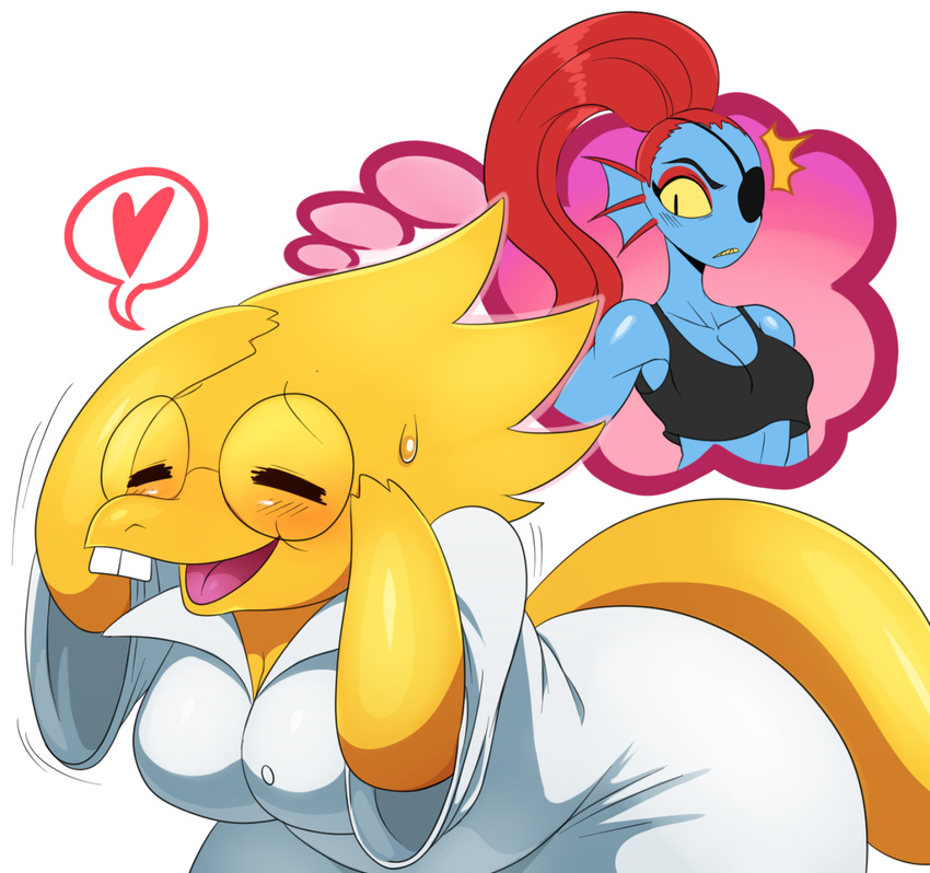&lt;3 alphys blue_skin blush breasts buckteeth cleavage clothed clothing duo eye_patch eyes_closed eyewear female fish glasses hair lab_coat marine monster open_mouth red_hair scales scalie speech_bubble sssonic2 sweat sweatdrop teeth thought_bubble tongue tube_top undertale undyne yellow_scales