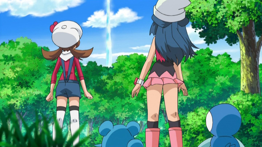 2girls back blue_hair brown_hair female forest hat hikari_(pokemon) kotone_(pokemon) legs long_hair marill multiple_girls nature nintendo piplup pokemon pokemon_(anime) sky twintails