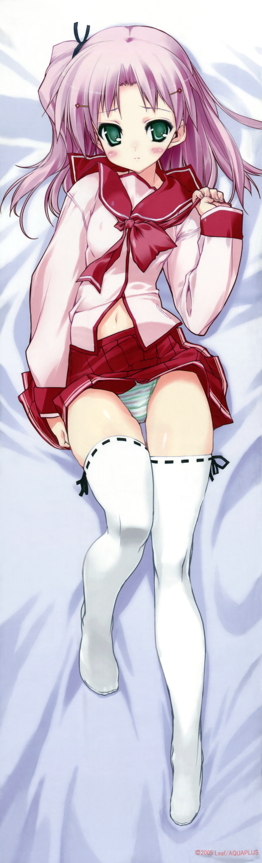 2015 absurdres bed_sheet blue_panties blush breasts dakimakura from_above full_body green_eyes green_panties highres huge_filesize long_sleeves looking_at_viewer lying maaryan navel on_back panties pantyshot pantyshot_(lying) pink_hair pleated_skirt red_skirt ribbon-trimmed_legwear ribbon_trim school_uniform shirt skirt skirt_lift small_breasts solo striped striped_panties thighhighs to_heart_2 underwear upskirt urotan white_legwear white_shirt