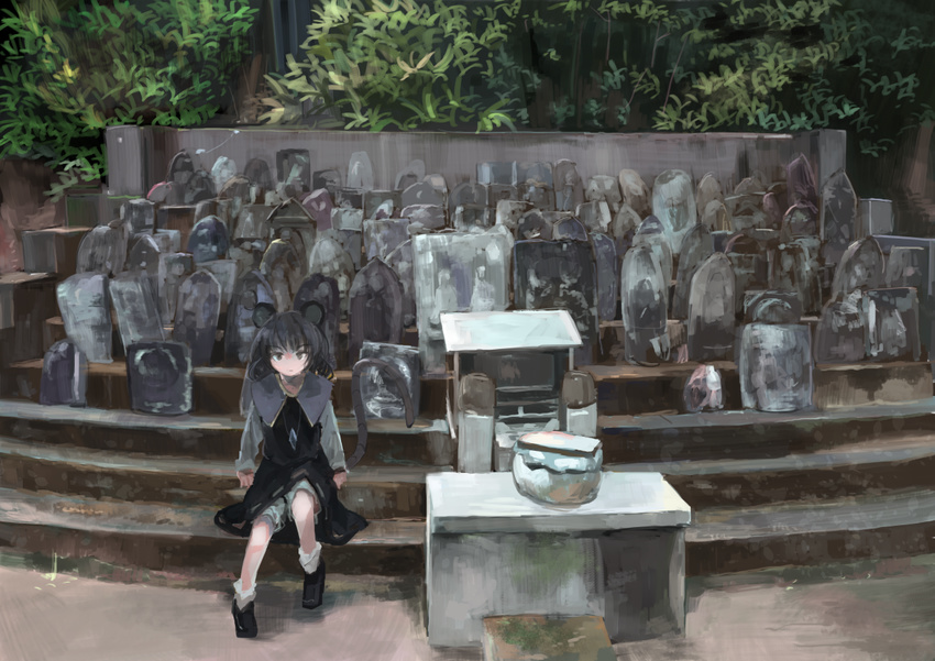 animal_ears black_dress bloomers capelet dress gem graveyard grey_eyes ichiba_youichi jewelry looking_at_viewer mouse_ears mouse_tail nazrin necklace pendant real_world_location sitting solo tail touhou underwear