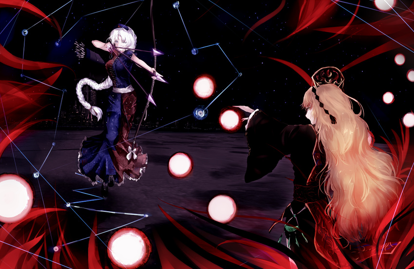 aerial_battle aiming arm_ribbon arrow bad_id bad_pixiv_id battle black_dress black_footwear blonde_hair blue_dress blue_eyes bow bow_(weapon) braid breasts chinese_clothes city cityscape commentary_request constellation danmaku dress duel dyolf hair_ornament hat junko_(touhou) long_hair long_sleeves looking_at_another medium_breasts multicolored multicolored_clothes multicolored_dress multiple_girls nurse_cap open_hand outstretched_arm red_dress red_eyes revision ribbon sash shirt shoes silver_hair single_braid skirt space star_(sky) tabard touhou trigram very_long_hair weapon wide_sleeves yagokoro_eirin